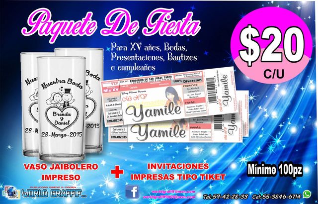 Vaso impreso + Invitación tipo Ticket